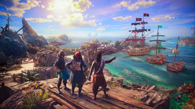 Three pirates surveying a small fleet of ships in Skull and Bones