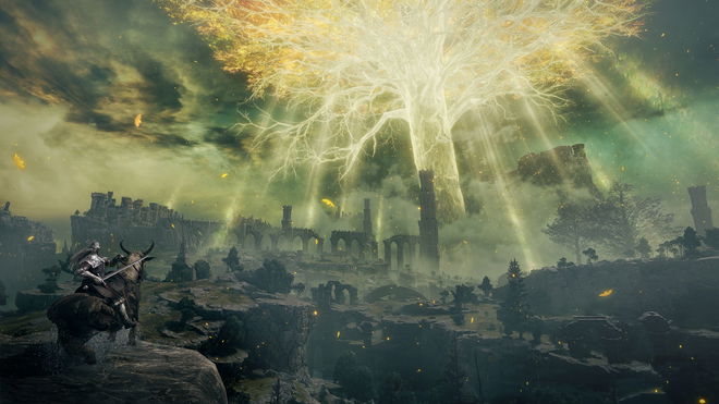 A player atop Torrent overlooking The Lands Between in Elden Ring.