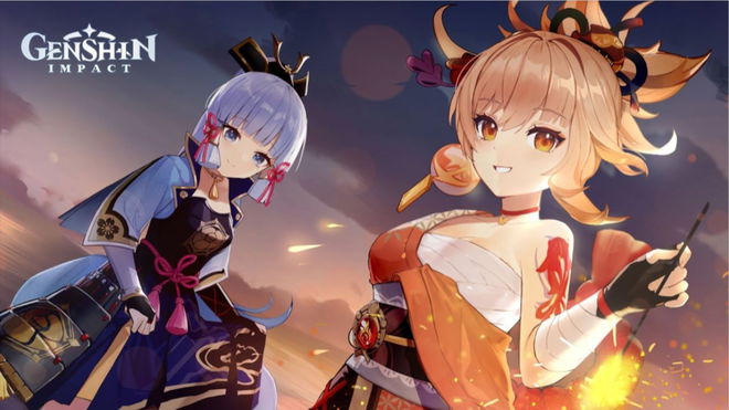 Two anime characters smiling in Genshin Impact. 