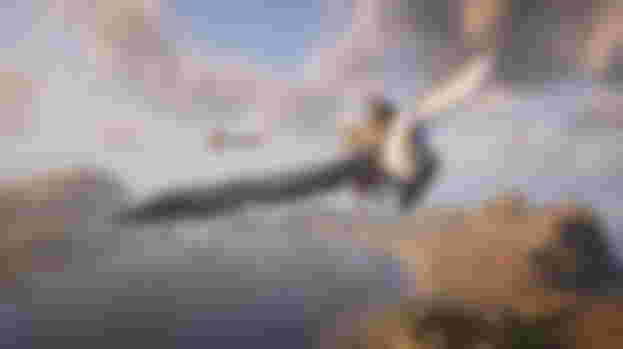 Two characters are flying on wild beasts in Hogwarts Legacy.