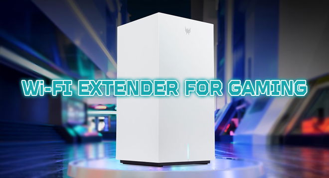 A white Acer mesh router with "Wi-Fi EXTENDER FOR GAMING" text in turquoise in front of it.