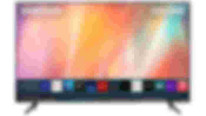 Samsung UE43AU7100 product image of a thin-framed TV with a light pink and orange background on the display and a selection of apps at the bottom.