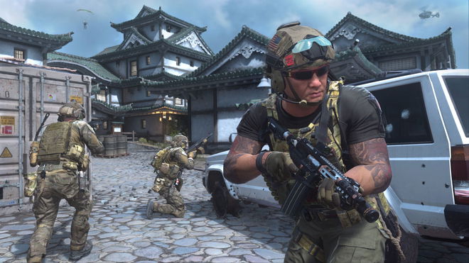 Screenshot of Warzone 2 players standing close to white SUV on Ashika Island