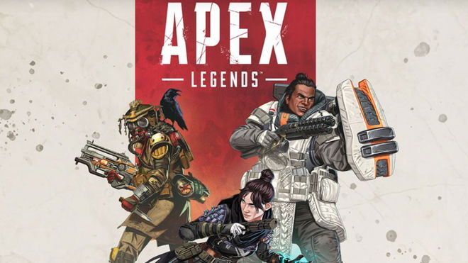 Apex Legends Logo Screen Xbox Store. From left to right, Bloodhound, Wraith and Gibraltar are all underneath the Apex Legends Logo. 