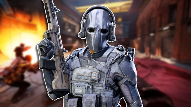 A Phantom soldier from XDefiant posing with a rifle raised in their right hand, set against a blurred background of gameplay.