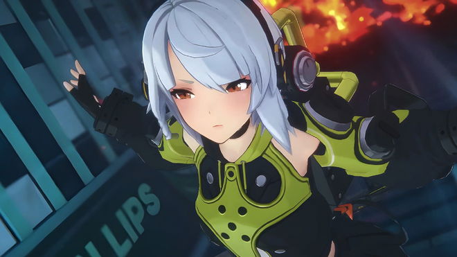 Zenless Zone Zero - person in green outfit falling from an exploding building face down