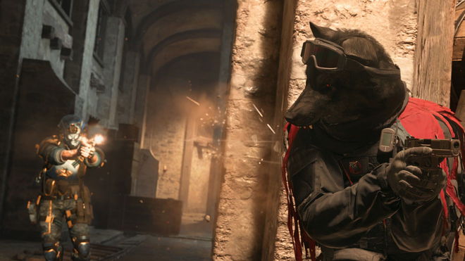 Screenshot showing Warzone player dressed as wolf holding pistol and taking cover from Warzone player in the background