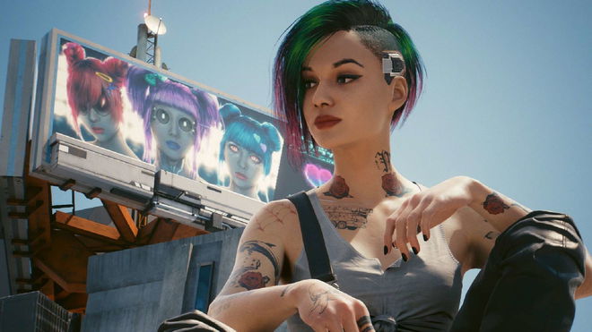 Judy is standing in front of a billboard in Cyberpunk 2077 .