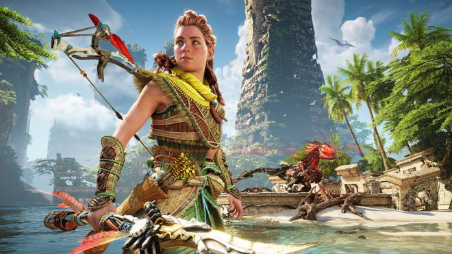 Horizon Forbidden West Official Art. Aloy is standing on the left of the image looking off the screen, she is holding her spear and a metal monster lurks behind her. 