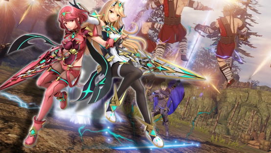 Pyra and Mythra in front of Fire Emblem: Three Hopes gameplay