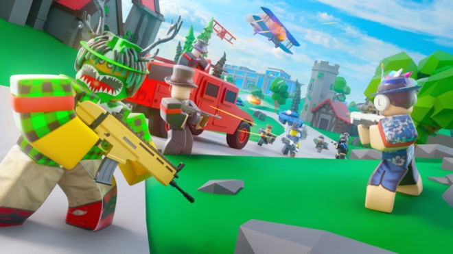 Screenshot from Base Battle, showing several Roblox characters in a gunfight