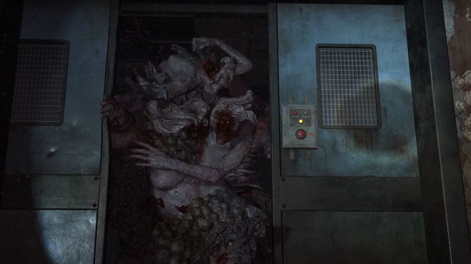 A severely deformed zombie from The Last Of Us