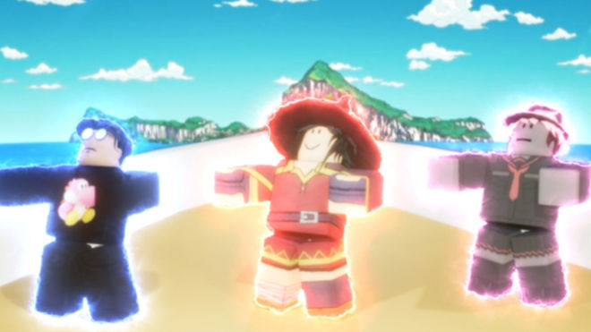 Image from Stands Awakening, showing three Roblox characters on a beach