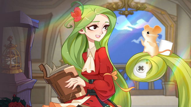 Screenshot of Madtale Idle RPG character holding book with mouse standing on green hair