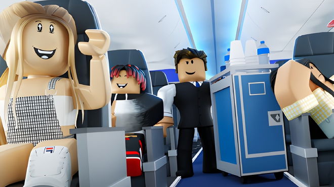 Roblox - flight attendant pushes a blue cart down a row of smiling airplane passengers.