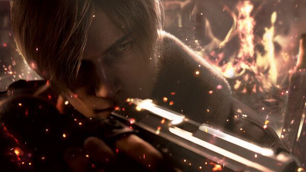 Leon holding a handgun in Resident Evil 4 remake.