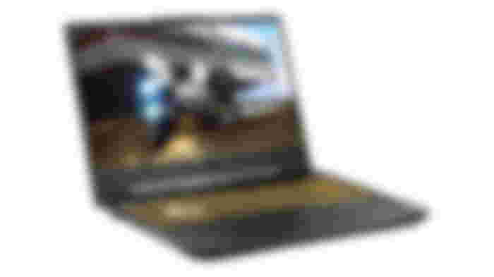 ASUS TUF Gaming F15 product image of a black gaming laptop featuring yellow backlit keys and a small space ship on the display.