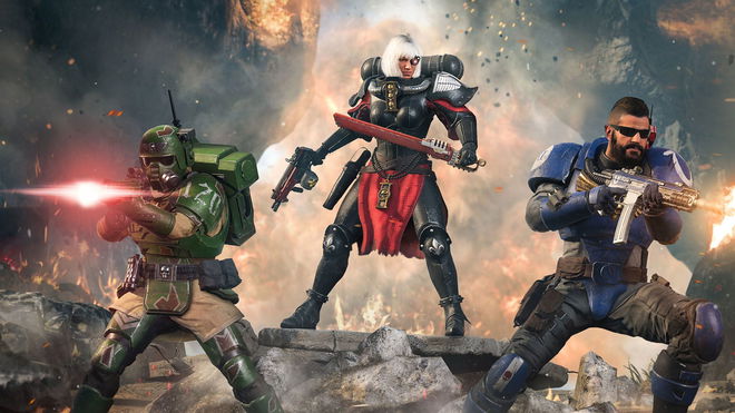 Warzone players shooting guns in Warhammer 40K skins