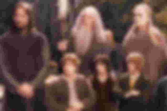 Several characters from The Lord of the Rings are lined up.