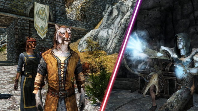 Some non-hostile NPCs being attacked in Skyrim.