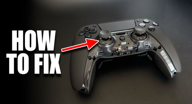 A black controller with its faceplate removed and a red arrow pointing to one of its sticks with text that reads "HOW TO FIX" in white alongside.