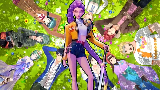 Rumi from KPop Demon Hunters in front of Tokyo Mirage Sessions art