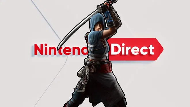 The Nintendo Direct logo with one of Assassin's Creed Shadows's lead characters