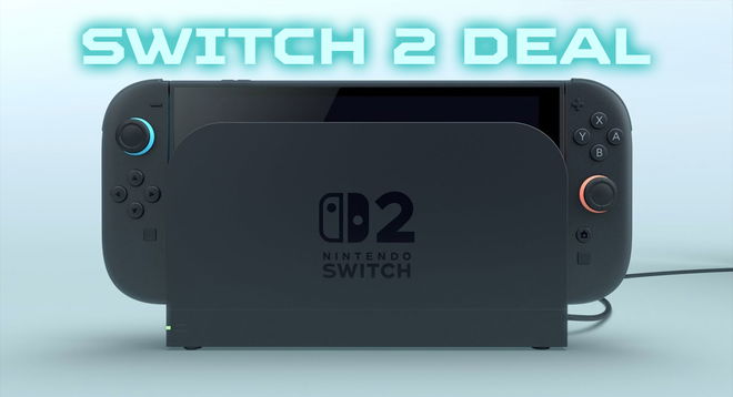Nintendo Switch 2 docked in its black charging station, with "SWITCH 2 DEAL" text in blue above it.