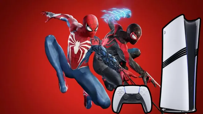 The PS5 next to Insomniac's Spider-Men