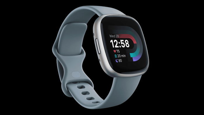 Fitbit Versa 4 product image of a Waterfall Blue-strapped watch with a Platinum Aluminium case.