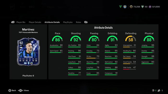 EA FC 25 Lautaro Martínez TOTY Honourable Mention SBC card attributes