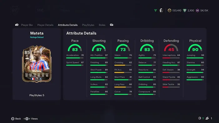 FC 26 Mateta Ratings Reload card attributes