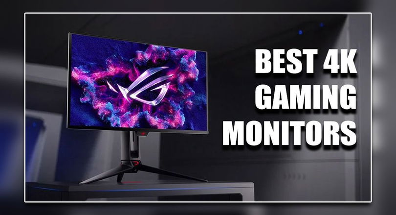 A black gaming monitor with a pink and purple pattern and logo on the display next to "BEST 4K GAMING MONITORS" branding in white.