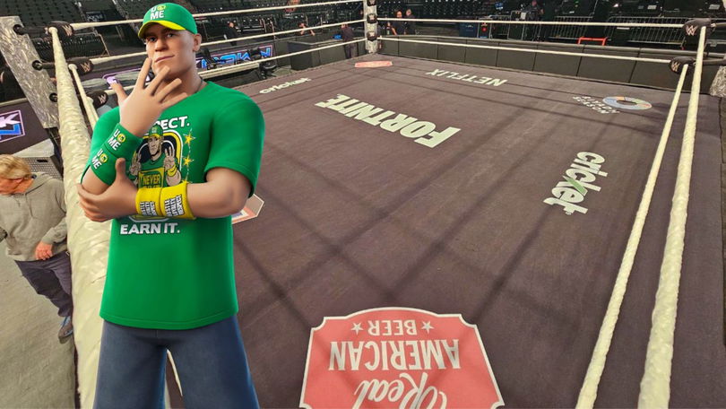 The John Cena Fortnite skin next to a WWE ring mat
