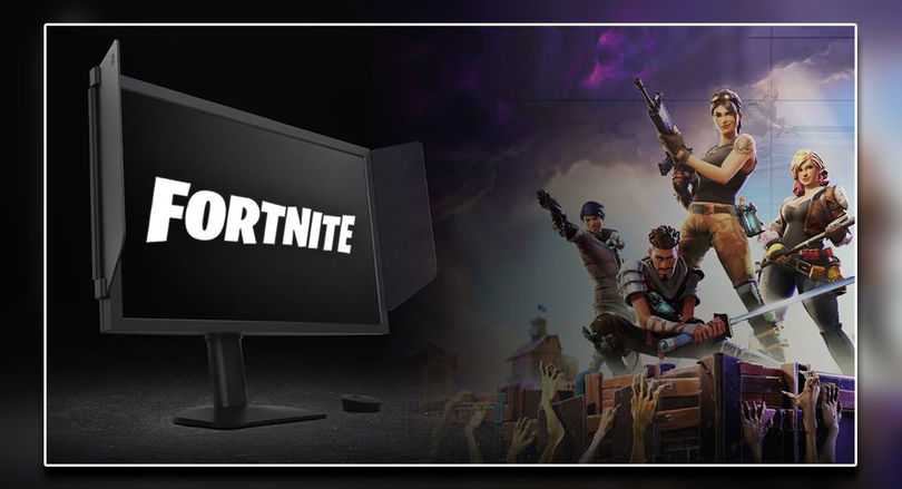 A black BenQ monitor featuring FPS shields on either side. Next to this, Fortnite's cover art featuring four characters from the game.