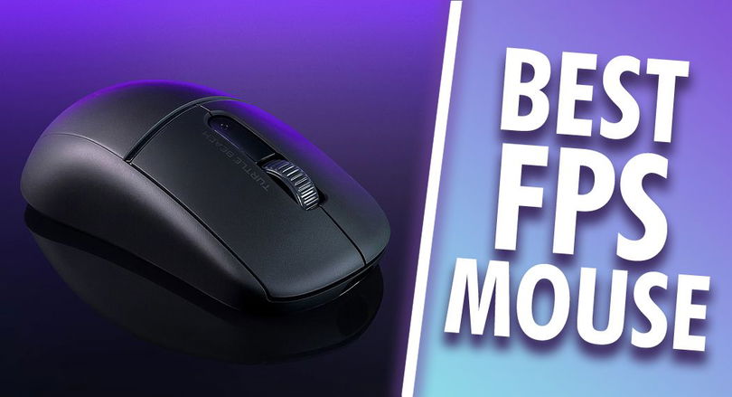 A black mouse in front of a purple background on one side of a white line. On the other side, "BEST FPS MOUSE" branding in white.