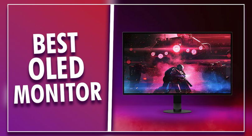 "BEST OLED MONITOR" text in white in front of na purple and orange gradient background and on one side of a white line. On the other, a black gaming monitor with a Sci-Fi spaceship taking off on the display.