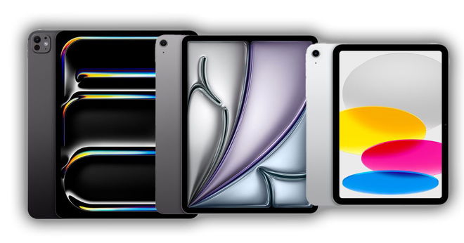 A black iPad Pro next to a gray iPad Air next to a white iPad (10th Gen) model.