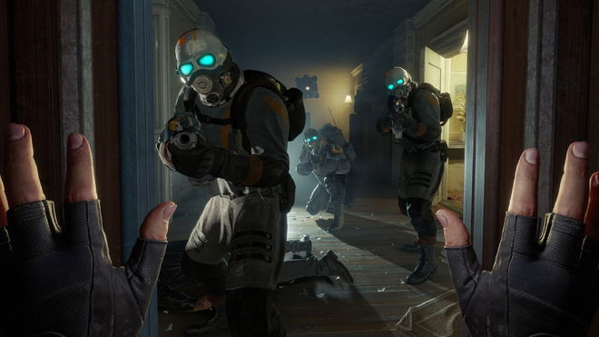 Alyx holding her hands up against Combine in Half Life Alyx
