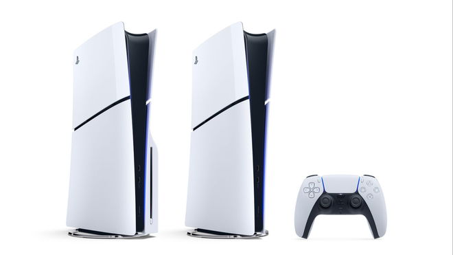 PS5 Slim consoles alongside a Dualsense controller