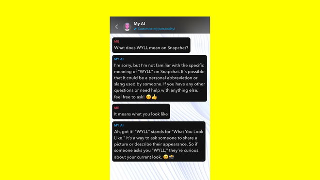 A screenshot of a conversation with Snapchat AI about the meaning of "WYLL"
