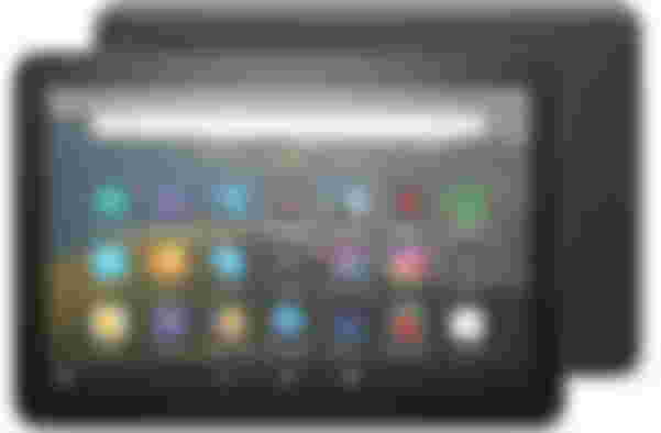 Amazon Fire 8 HD product image of a black tablet shot from the front and back.