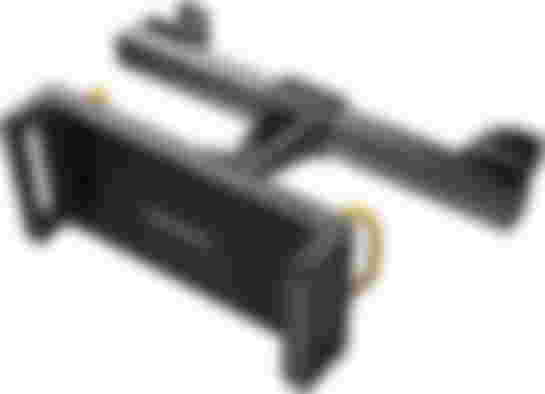 A black adjustable headrest tablet mount.