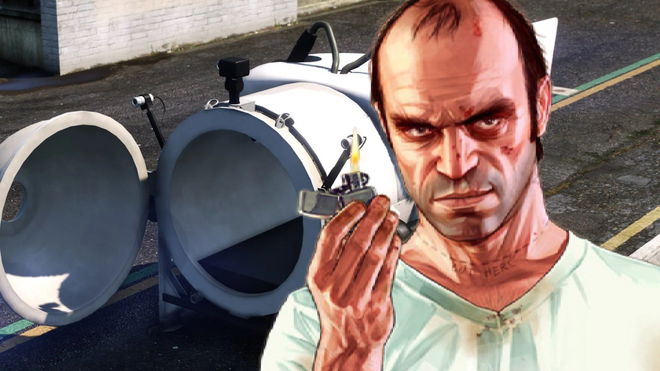The GTA V Titan Submersible mod on the Los Santos airport strip next to an image of Trevor Phillips 