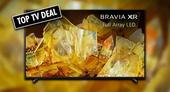 A near-frameless Sony TV with an image of yellow crystals on the screen and a "TOP TV DEAL" label in black and white in the top corner.