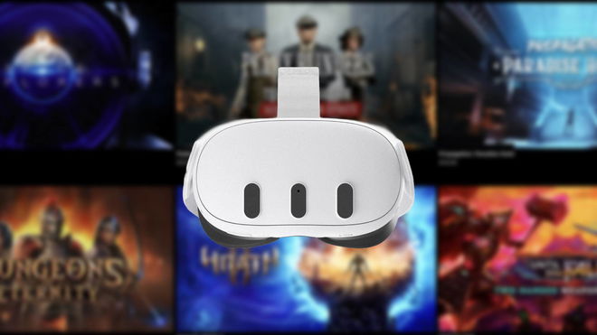 Best Meta Quest 3 mixed reality games - An image of the Quest 3 headset with the Quest game store's homescreen in background