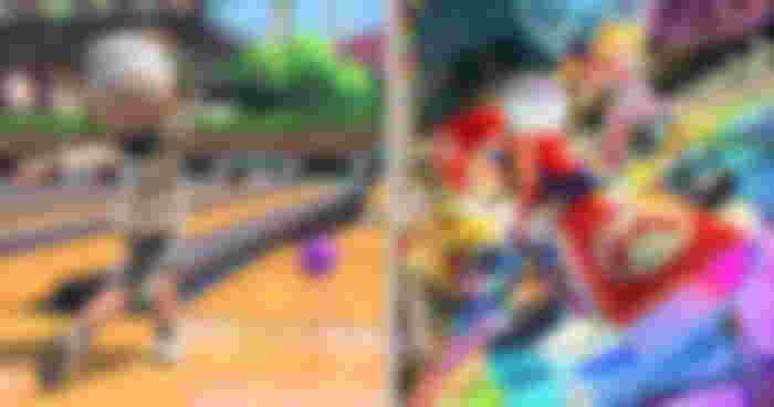 A Switch Sports character in gray, white, and black bowling