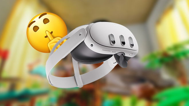 Meta Quest 3 headset in front of a shushing emoji
