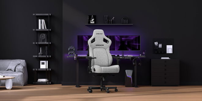 a gaming chair is sitting in a living room next to a computer desk .