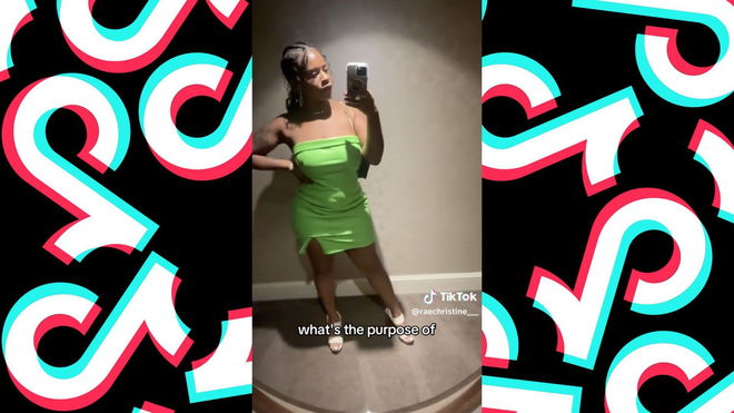 A girl in a green dress takes a mirror selfie, with the TikTok handle @raechristine___ and text "what's the purpose of" displayed.